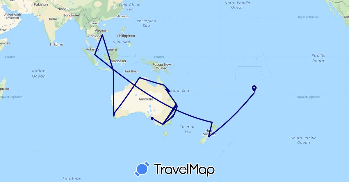 TravelMap itinerary: driving in Australia, Cook Islands, Indonesia, New Zealand, Singapore, Vietnam (Asia, Oceania)
